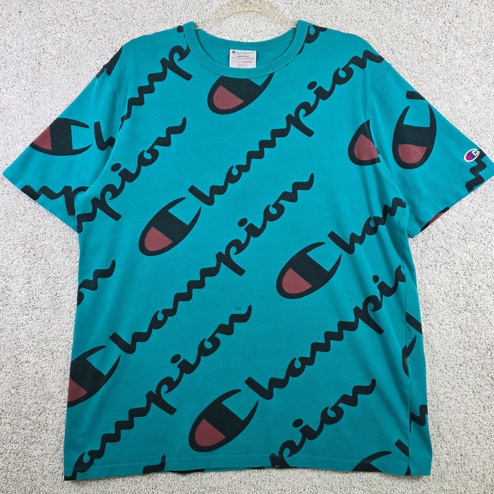 Champion Heritage AOP Logo Print Teal Graphic T-Shirt Crew Neck Men Large‎